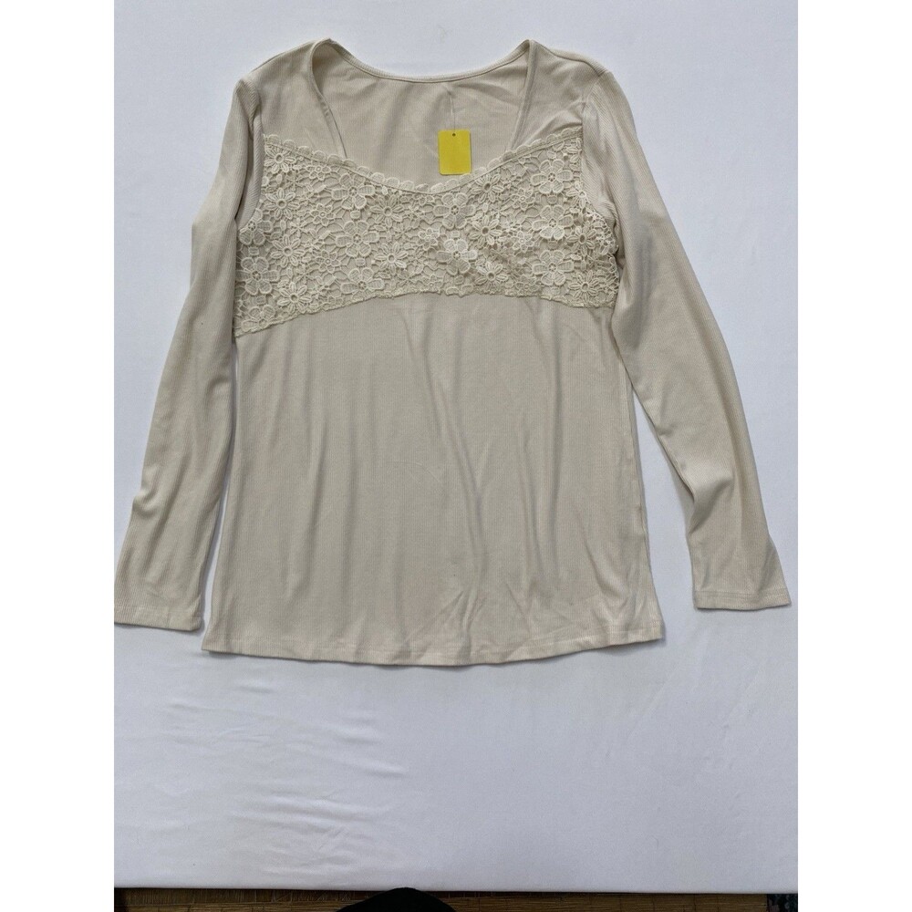 Boutique NWOT Cream Lace Ribbed Long Sleeve Top L Coquette